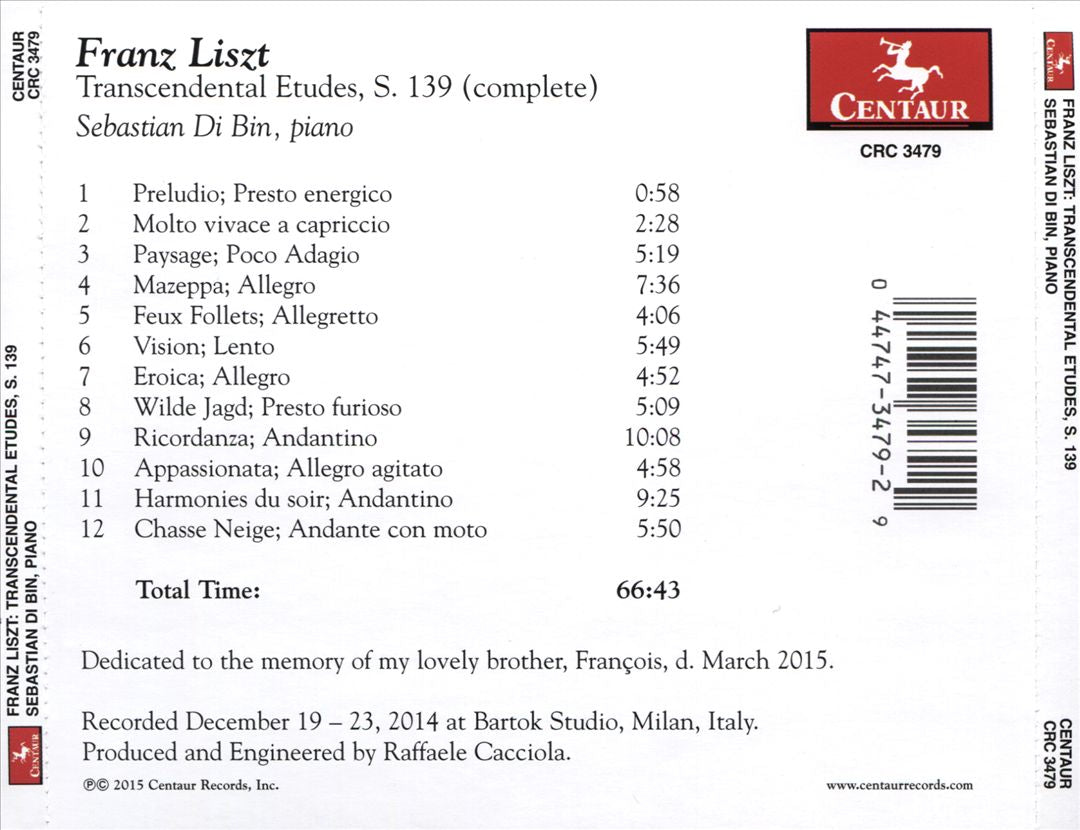 Franz Liszt: Transcendental Etudes, S. 139 cover art