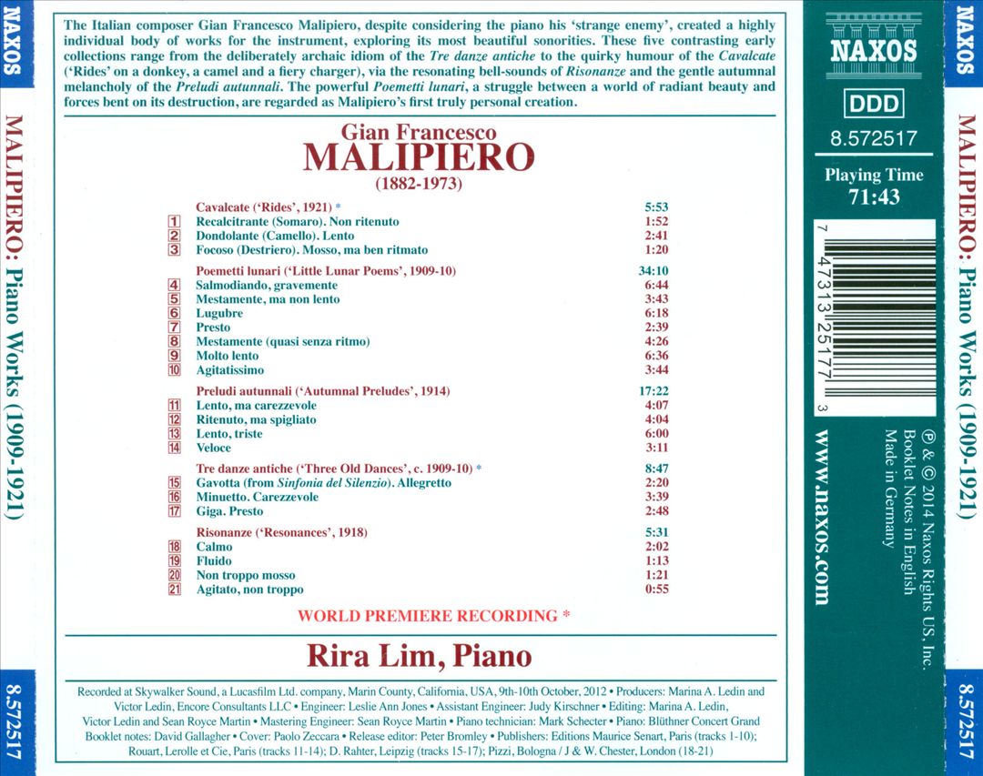 Gian Francesco Malipiero: Piano Works cover art