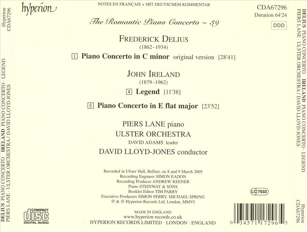 Delius: Piano Concerto in C minor; Ireland: Piano Concerto in E flat major; Legend cover art