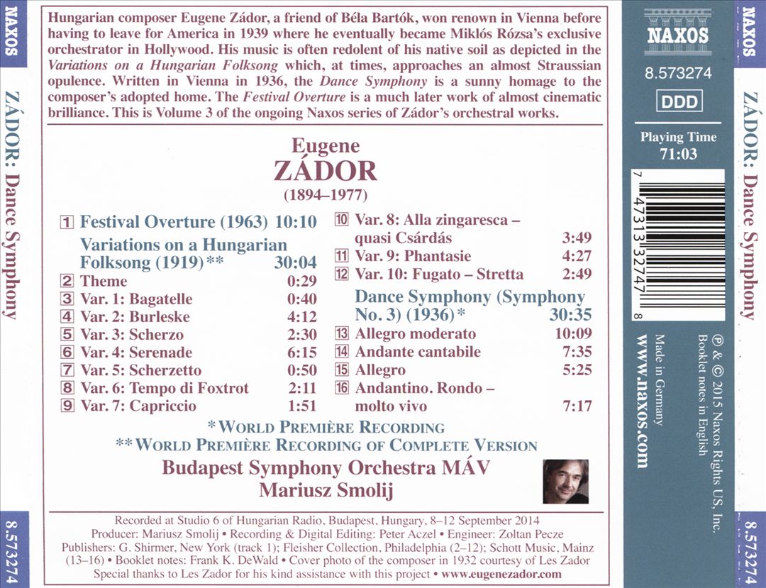 Zádor: Dance Symphony; Variations on a Hungarian Folksong; Festival Overture cover art