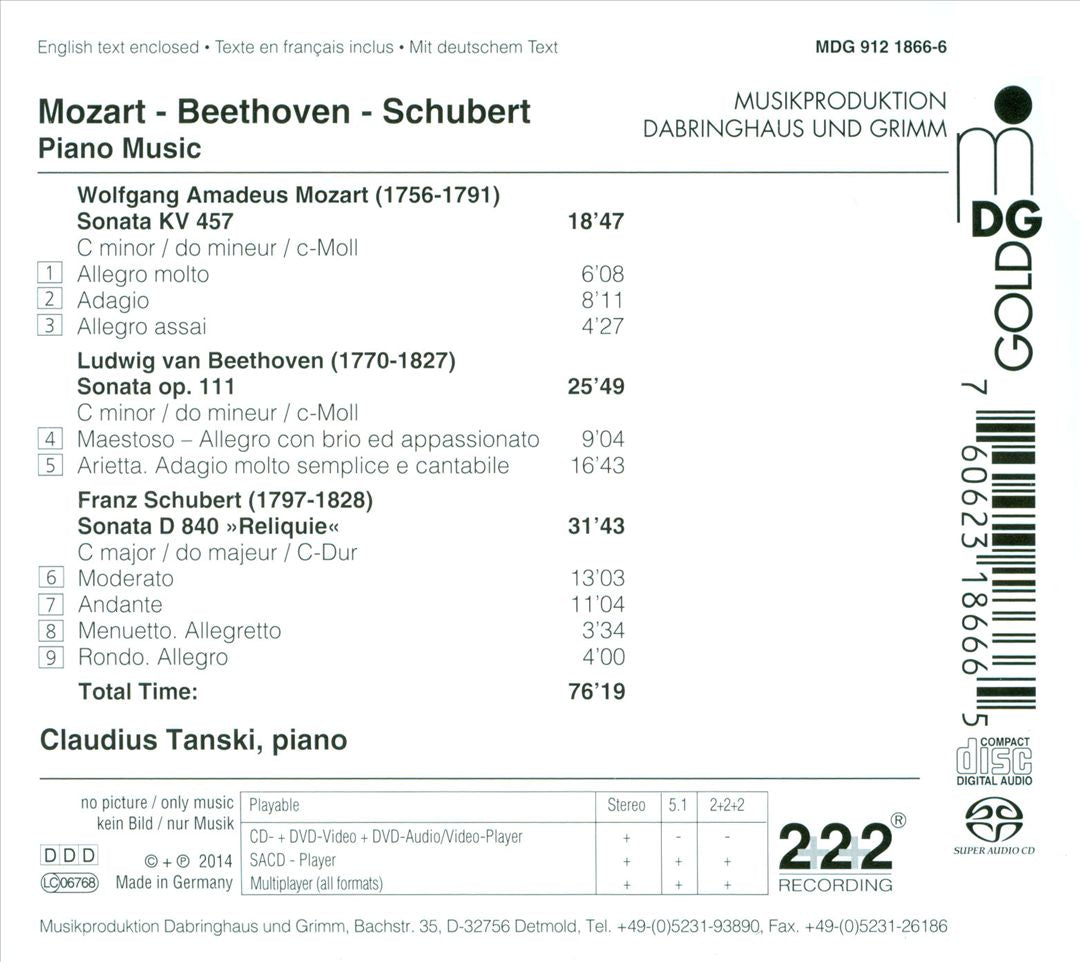 Mozart: Sonata KV. 457 C minor; Beethoven: Sonata Op. 111 C minor; Schubert: Sonata D. 840 C major "Relique" cover art