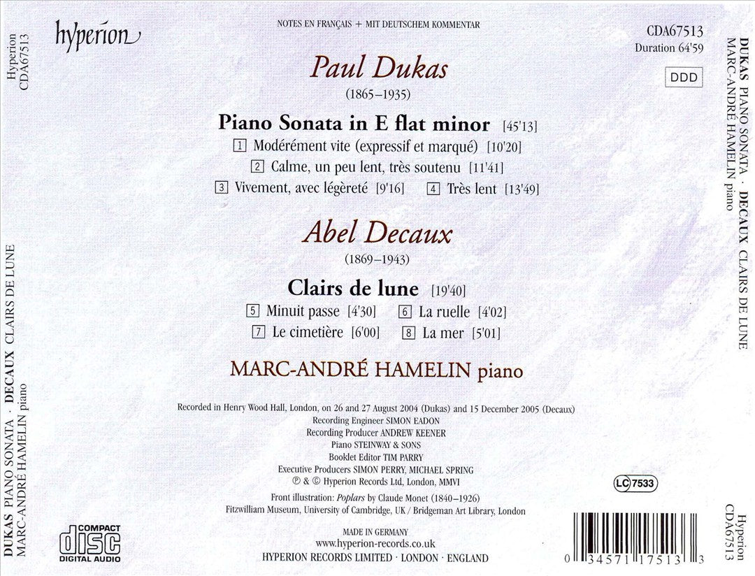 Dukas: Piano Sonata; Decaux; Clairs de Lune cover art