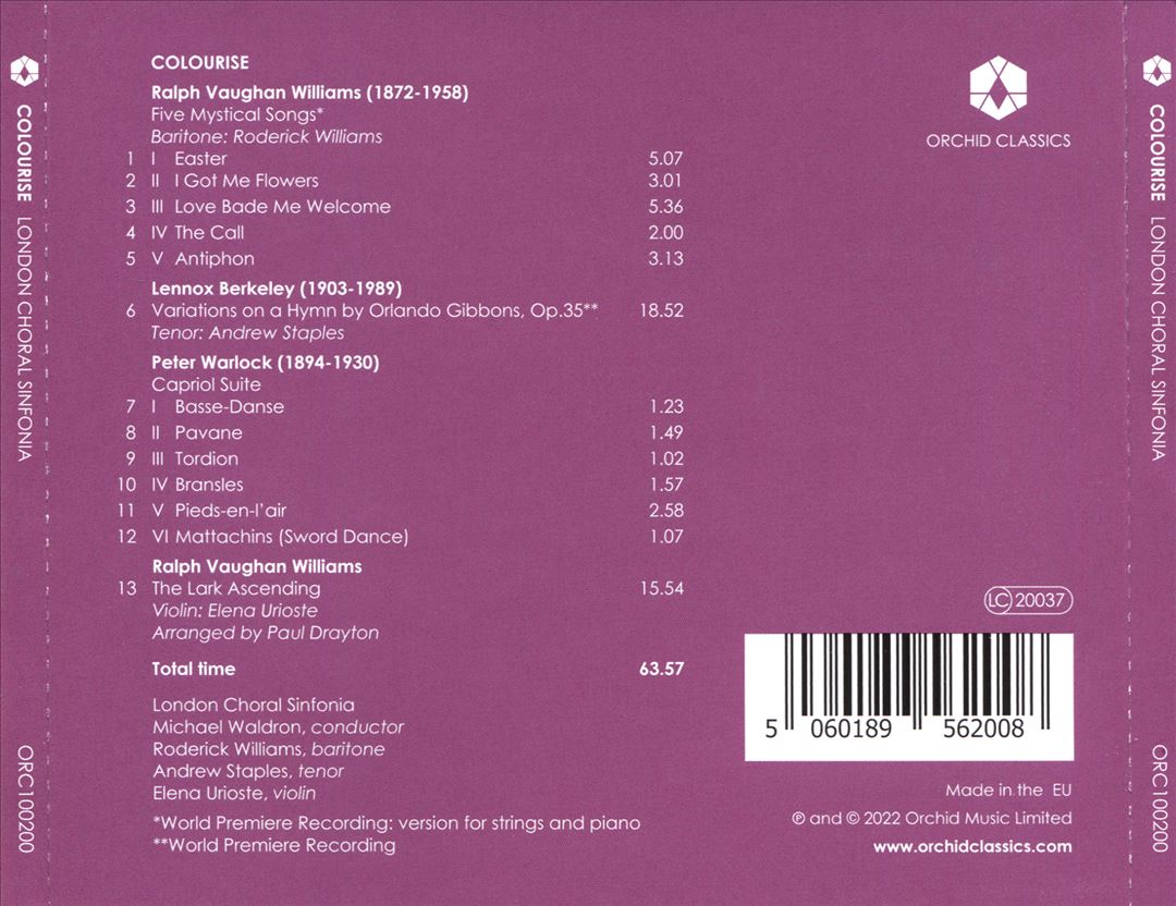 Colourise: Vaughan Williams, Berkeley, Warlock cover art