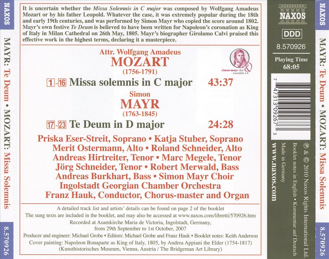 Mayr: Te Deum; Mozart: Missa Solemnis cover art