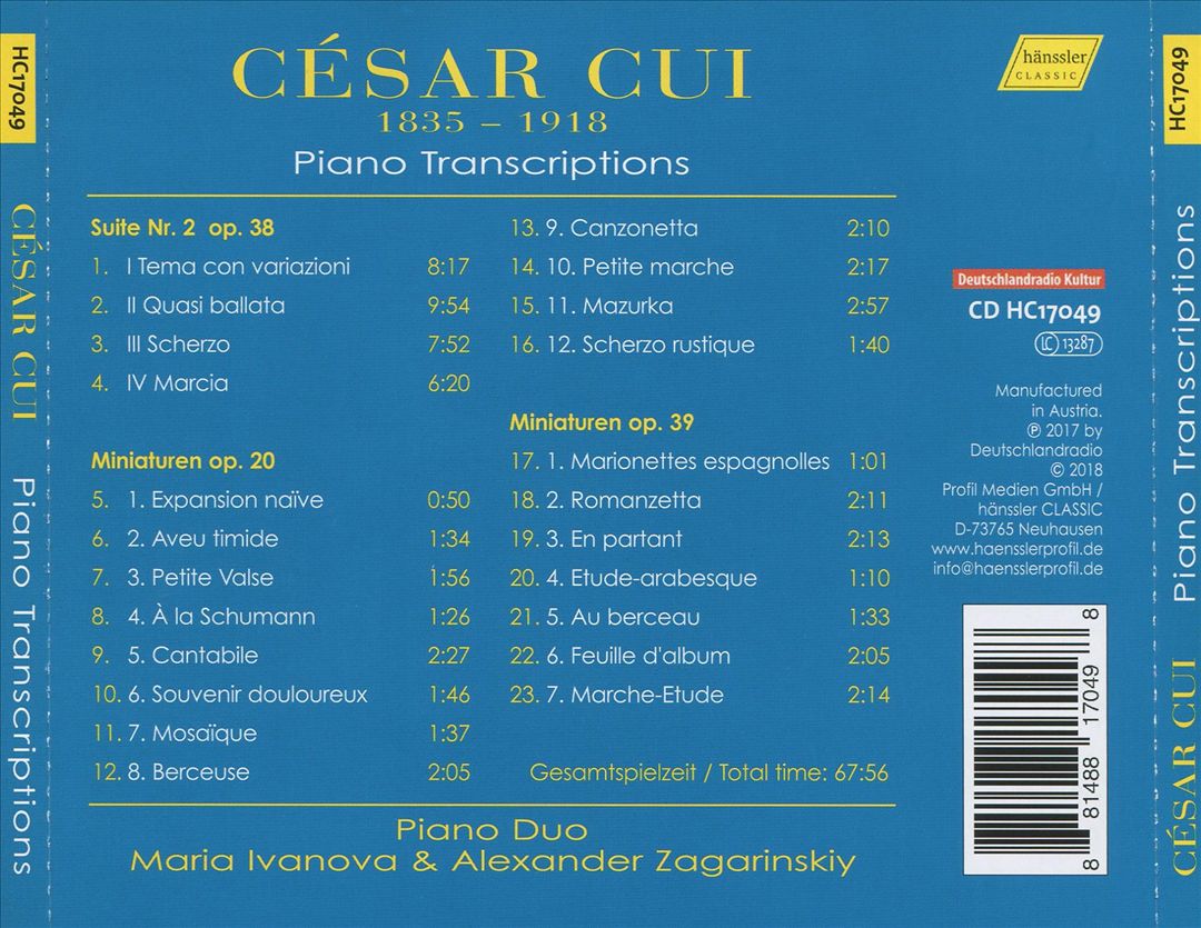 César Cui: Piano Transcriptions cover art