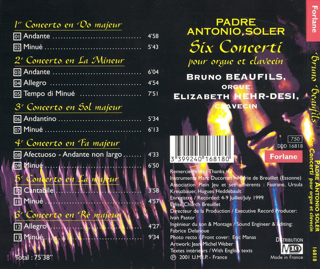 Padre Antonio Soler: Six Concerti pour orgue et clavecin cover art