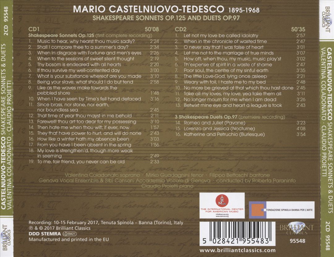 Castelnuovo-Tedesco: Shakespeare Sonnets Op. 125 and Duets Op. 97 cover art