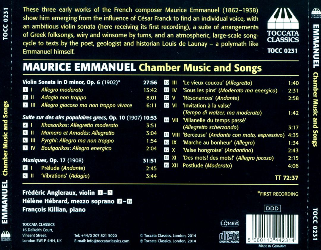 Maurice Emmanuel: Chamber Music and Songs cover art
