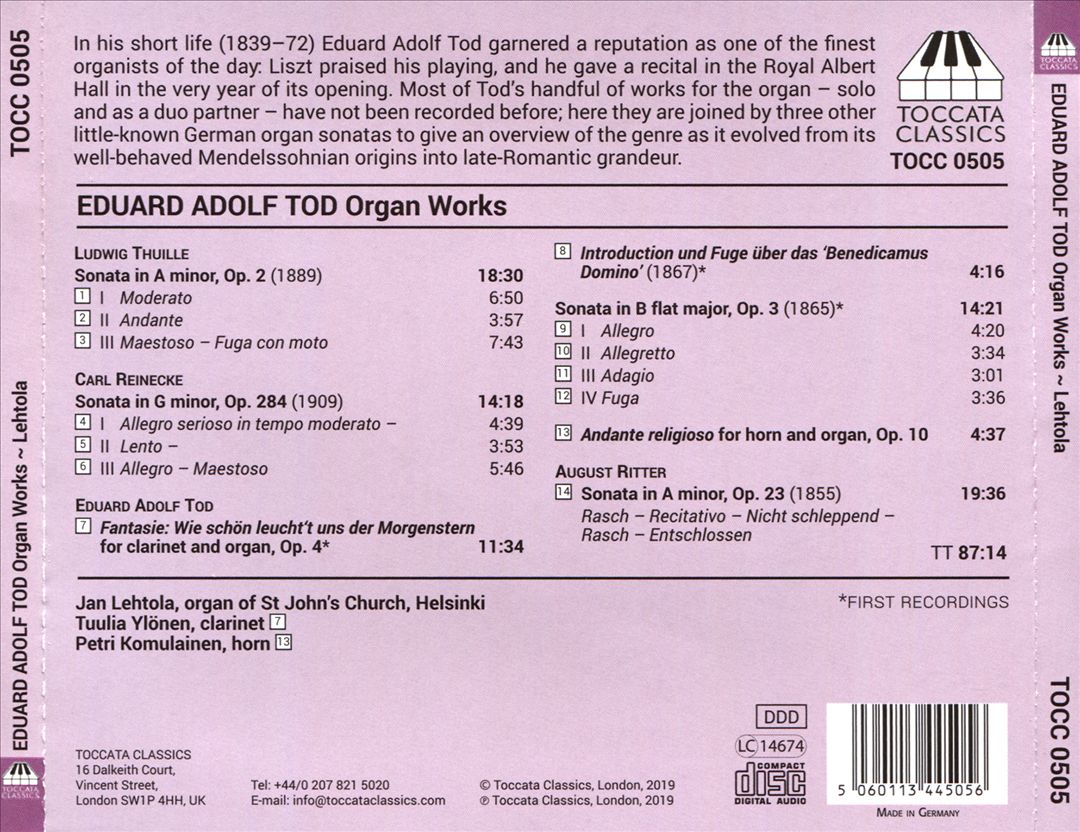 Eduard Adolf Tod: Organ Works cover art