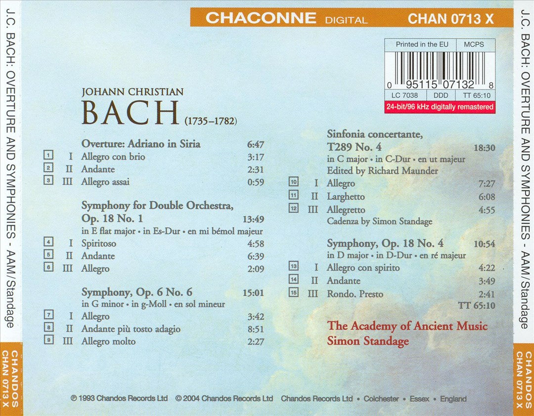 J.C. Bach: Overture, Adriano in Siria; Symphonies; Sinfonia Concertante in C major cover art