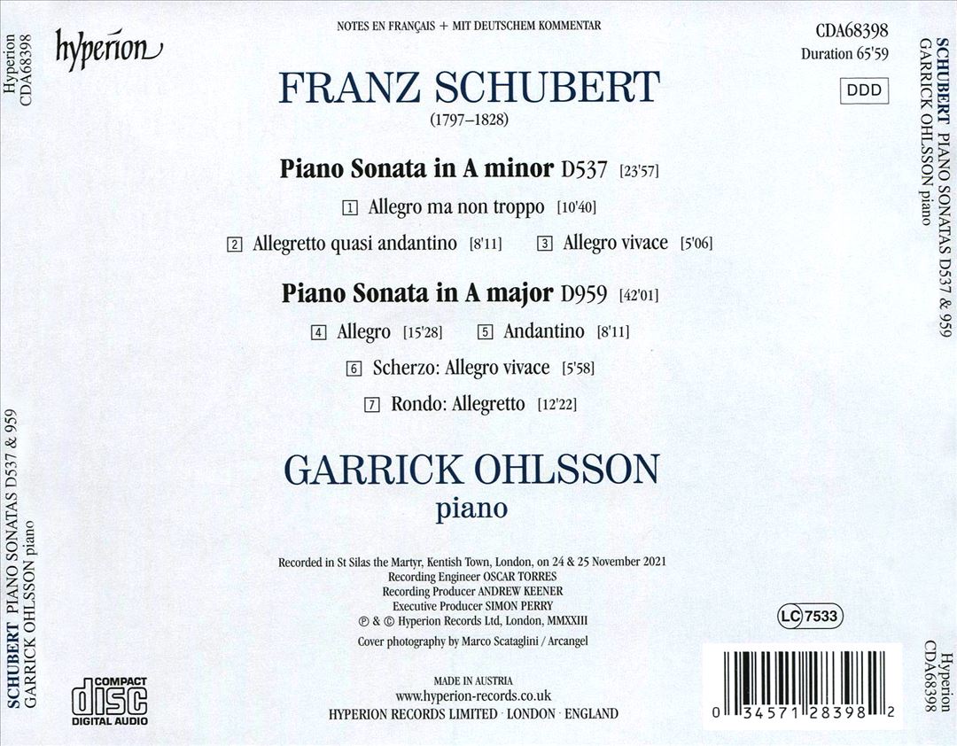 Schubert: Piano Sonata in A minor D537; Piano Sonata in A major D959 cover art