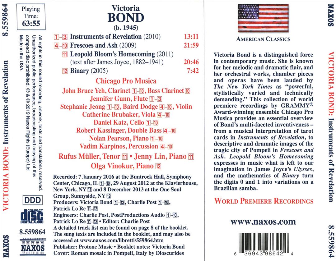 Victoria Bond: Instruments of Revelaton; Frescoes and Ash; Leopold Bloom's Homecoming; Binary cover art
