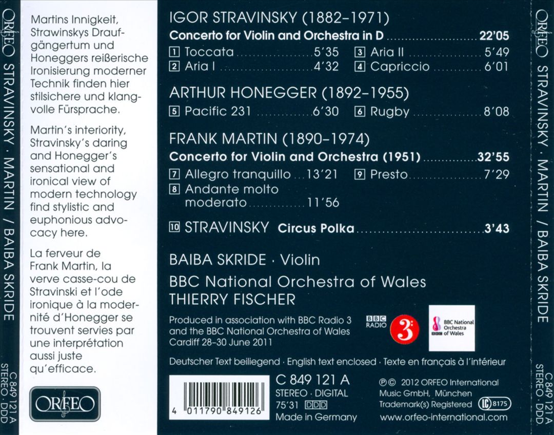 Stravinsky, Martin: Violin Concertos; Honegger: Pacific 231; Rugby cover art