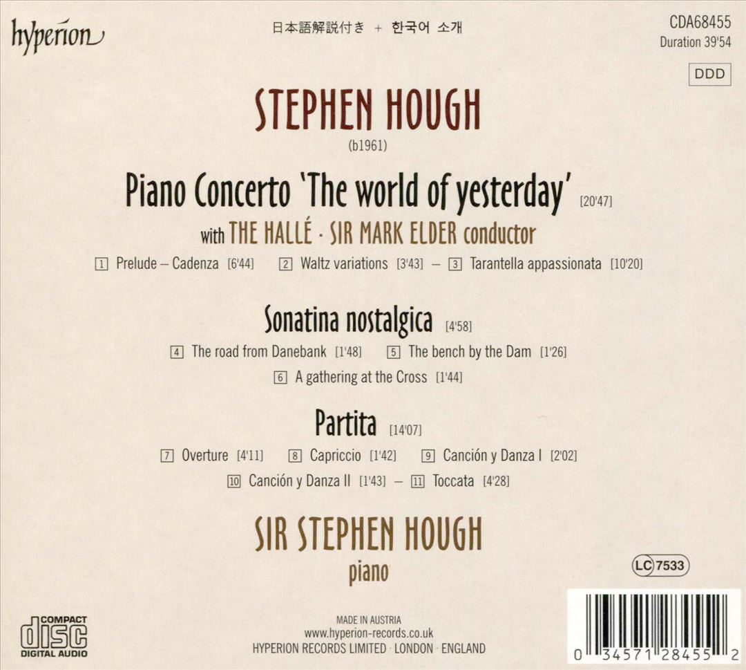 Stephen Hough: Piano Concerto "The world of yesterday"; Sonatina nostalgica; Partita cover art