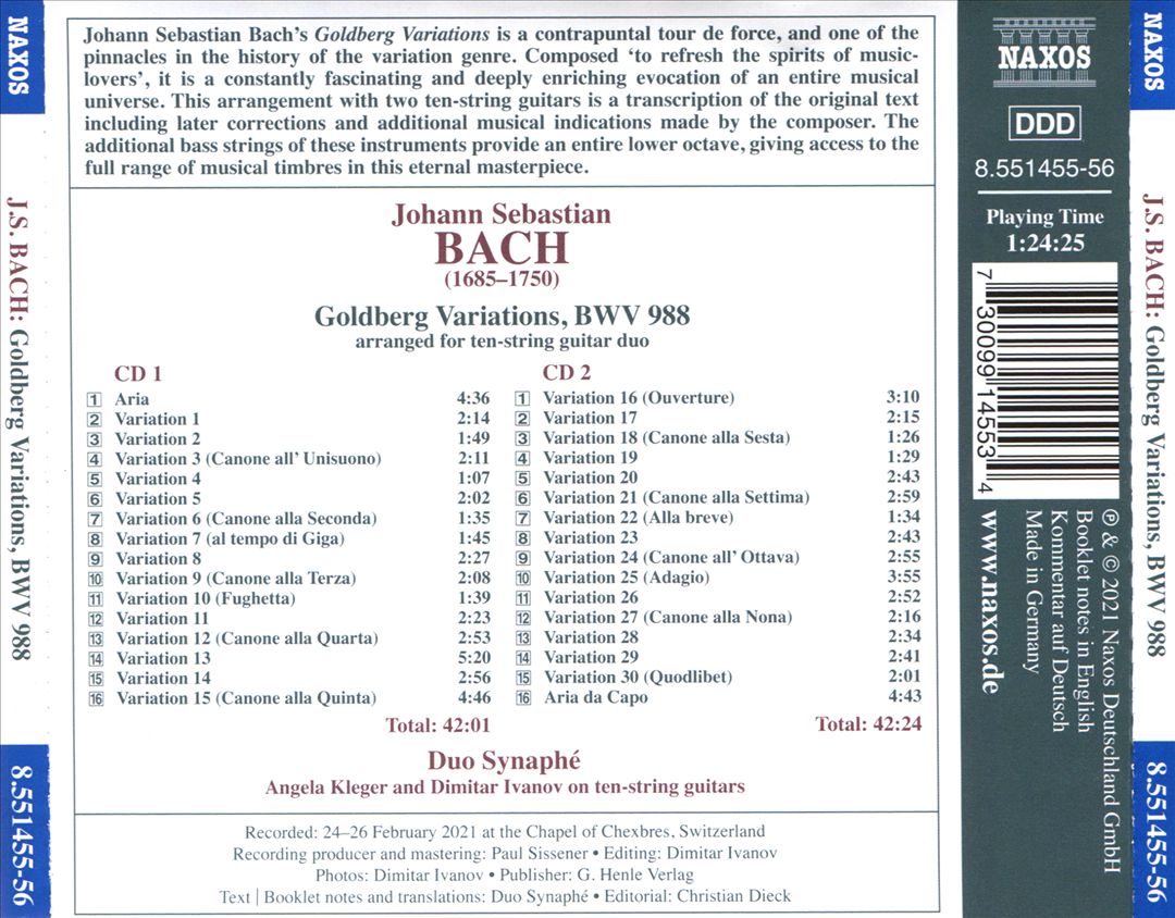 J.S. Bach: Goldberg Variations arranged for ten-string guitar duo cover art
