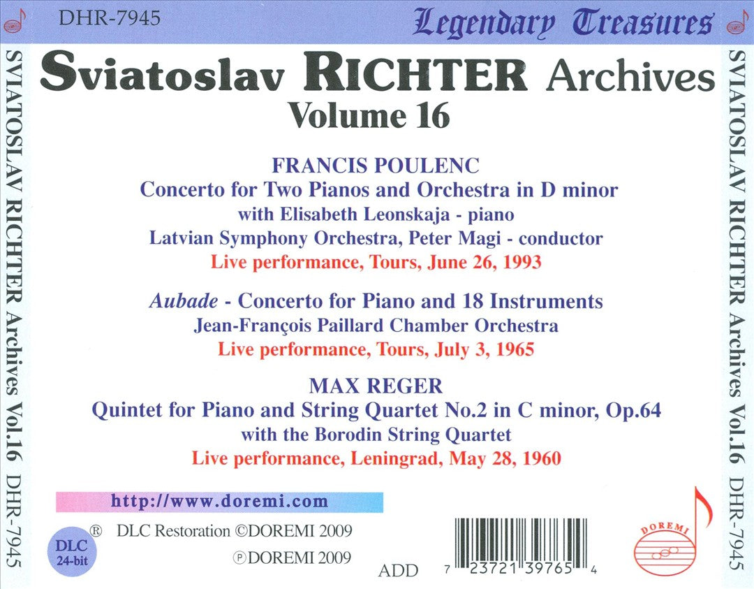 Sviatoslav Richter Archives, Vol. 16: Reger: Piano Quintet; Poulenc: Concerto for 2 pianos; Aubade cover art