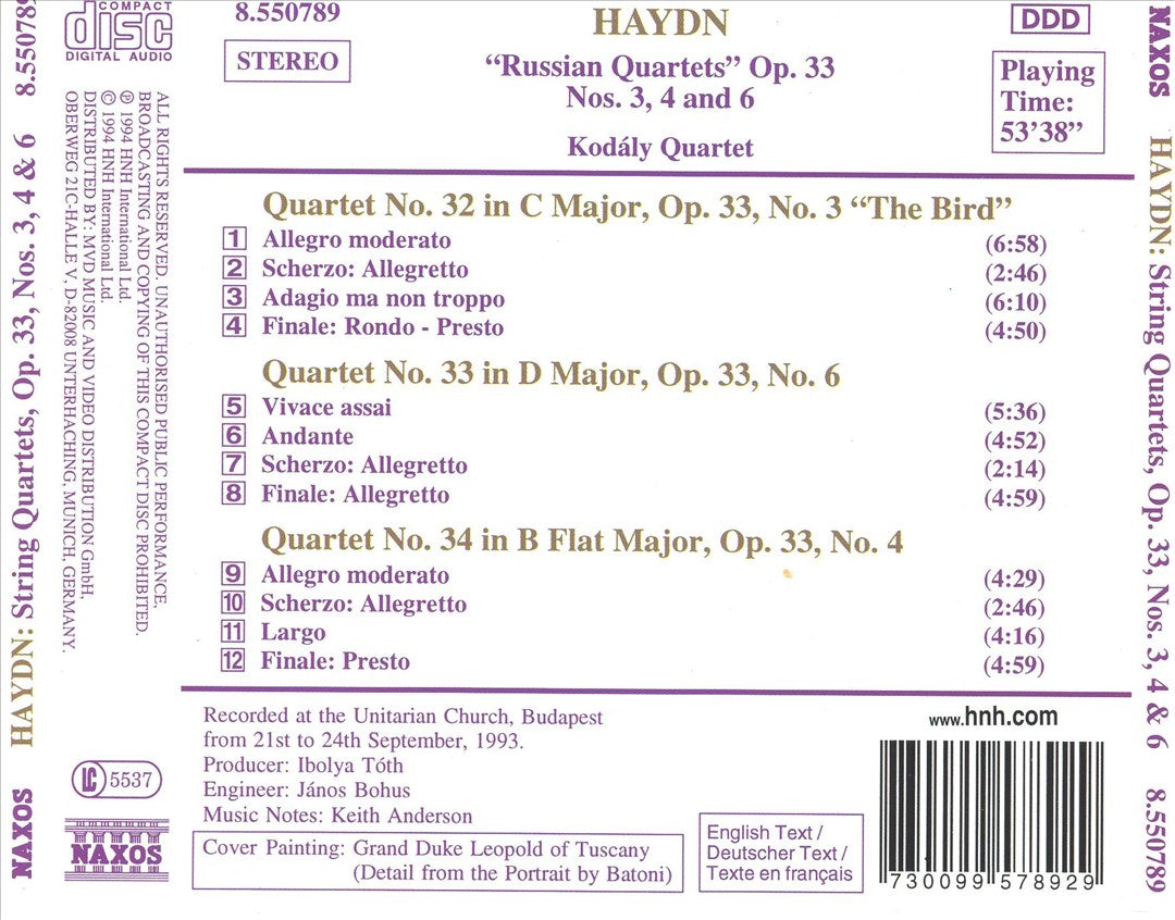 Haydn: String Quartets, Op. 33 "Russian", No. 3 "The Bird", 4 and 6 cover art