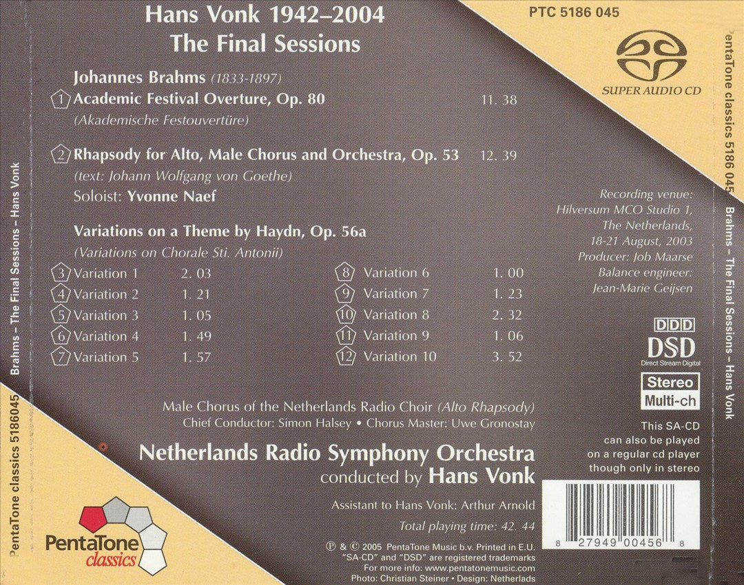 Hans Vonk, 1942-2004: The Final Sessions - Johannes Brahms  cover art