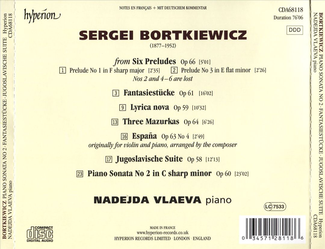 Bortkiewicz: Piano Sonata No. 2, Op. 60; Three Mazurkas, Op. 64; Jugoslavische Suite, Op. 58; Fantasiestücke, Op. 61; Lyrica nova, Op. 59 cover art