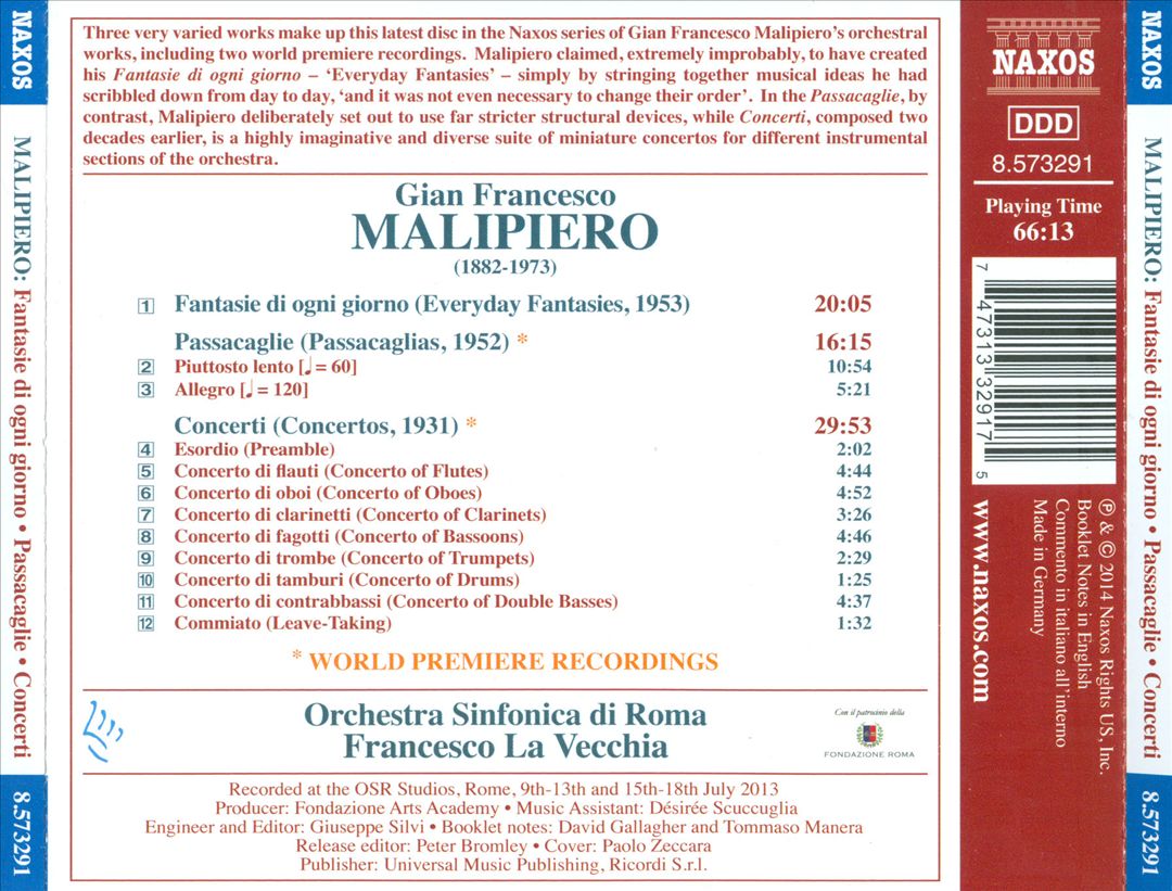 Gian Francesco Malipiero: Fantasie di ogni giorno; Passacaglie; Concerti cover art