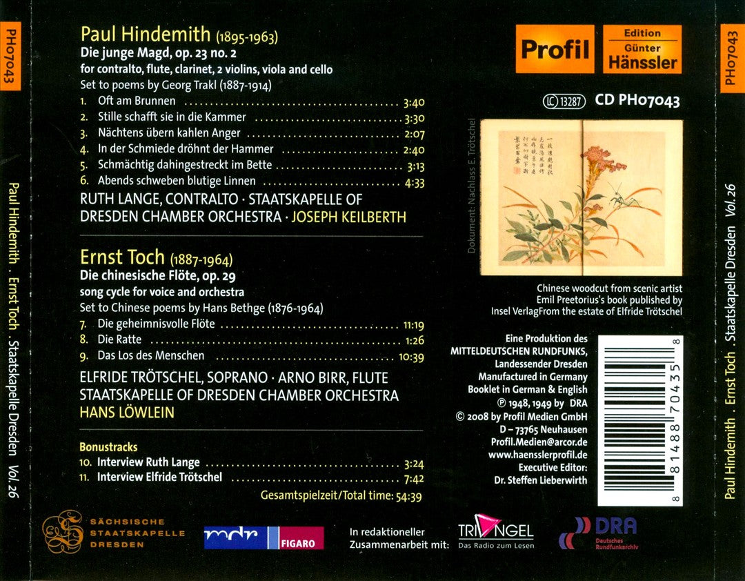 Paul Hindemith: Die junge Magd, Op. 23/2; Ernst Toch: Die chinesische Flöte, Op. 29 cover art