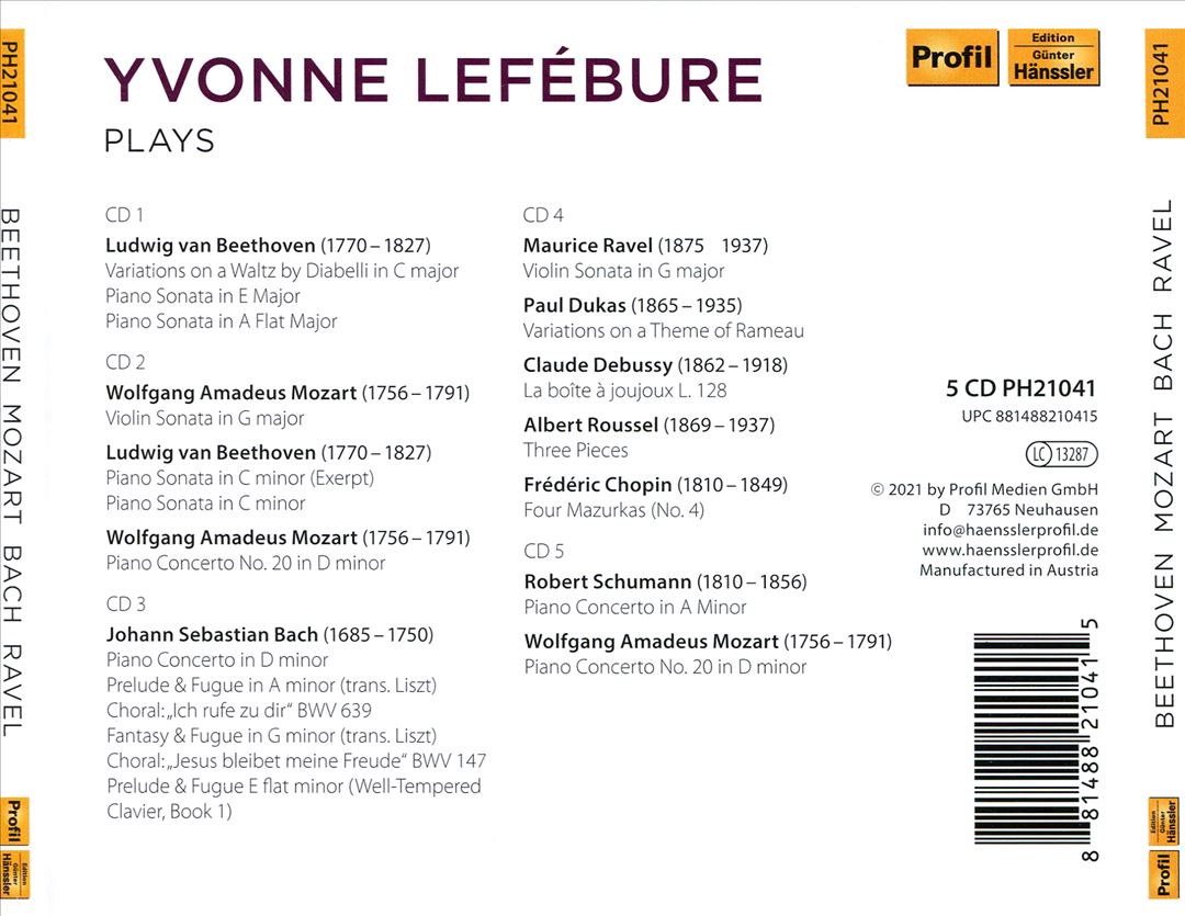 Yvonne Lefébure plays Beethoven, Mozart, Bach, Ravel, Chopin cover art