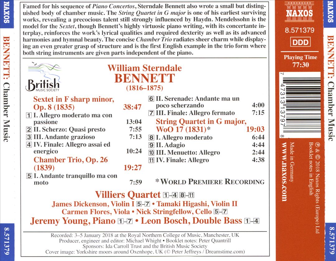 William Sterndale Bennett: Sextet in F sharp minor; Chamber Trio; String Quartet in G cover art