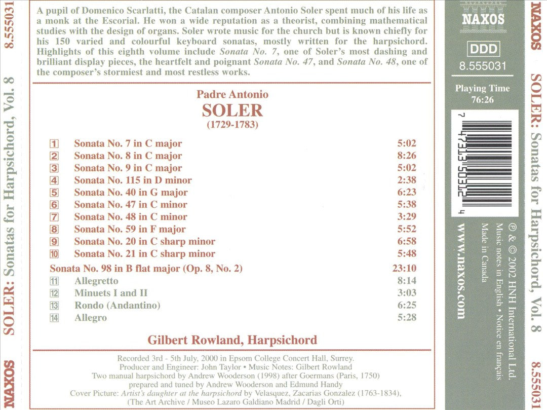 Padre Antonio Soler: Sonatas for Harpsichord, Vol. 8 cover art