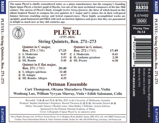 Ignaz Pleyel: String Quintets, Ben. 271-273 cover art
