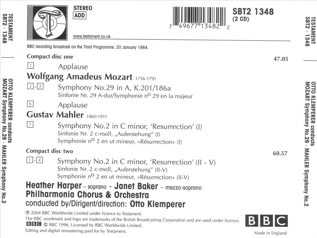 Mahler: Symphony No. 2 'Resurrection'; Mozart: Symphony No. 29 cover art