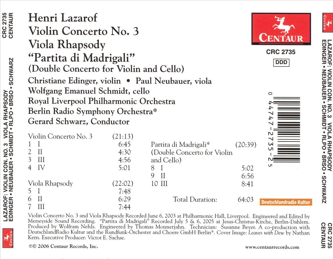 Henri Lazarof: Violin Concerto No. 3; Viola Rhapsody; Partita di Madrigali cover art