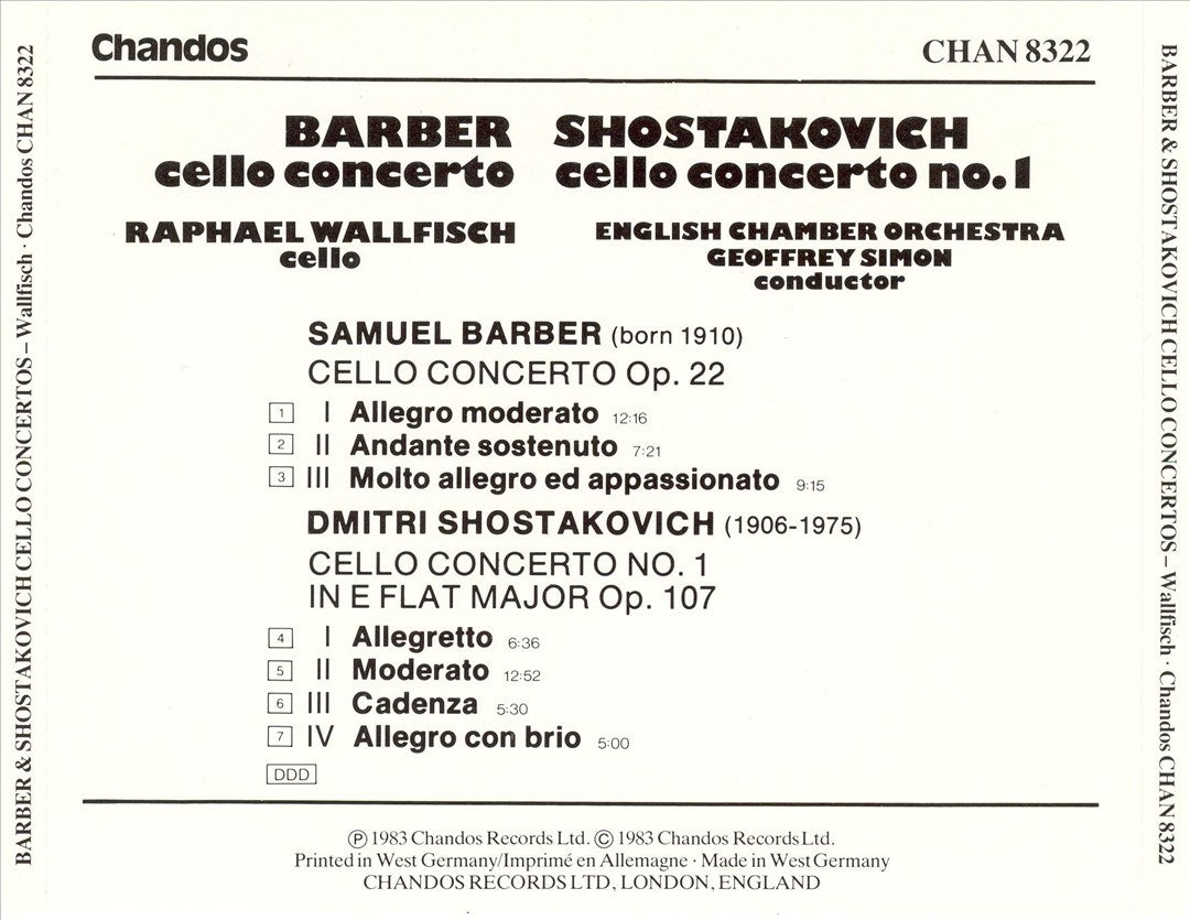 Barber: Cello Concerto; Shostakovich: Cello Concerto No. 1 cover art