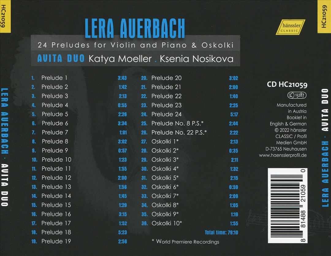 Lera Auerbach: 24 Preludes for Violin and Piano; Oskolki cover art