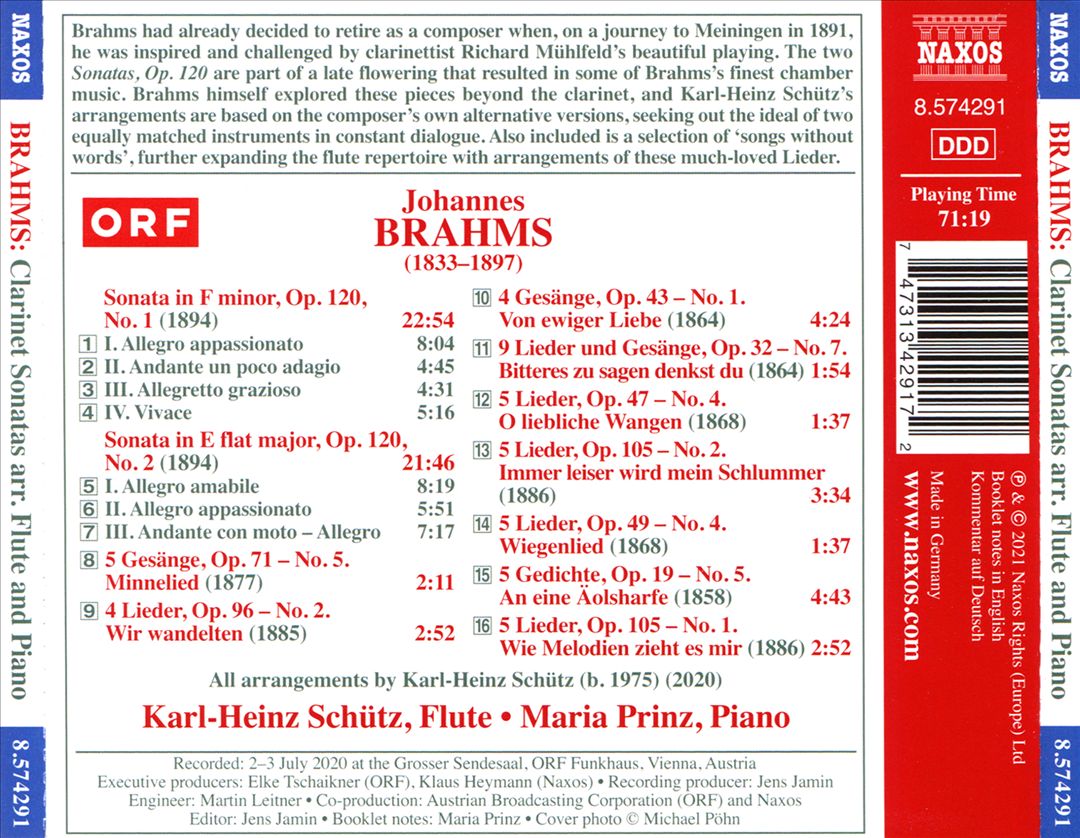 Brahms: Clarinet Sonatas, Op. 120 (Flute & Piano Versions) cover art