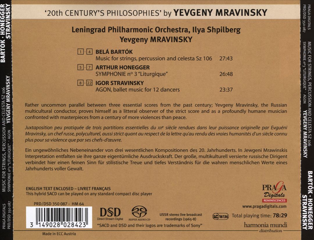 Béla Bartók: Music for strings, percussion and celesta, Sz. 106; Arthur Honegger: Symphonie No. 3; Igor Stravinsky: Agon cover art