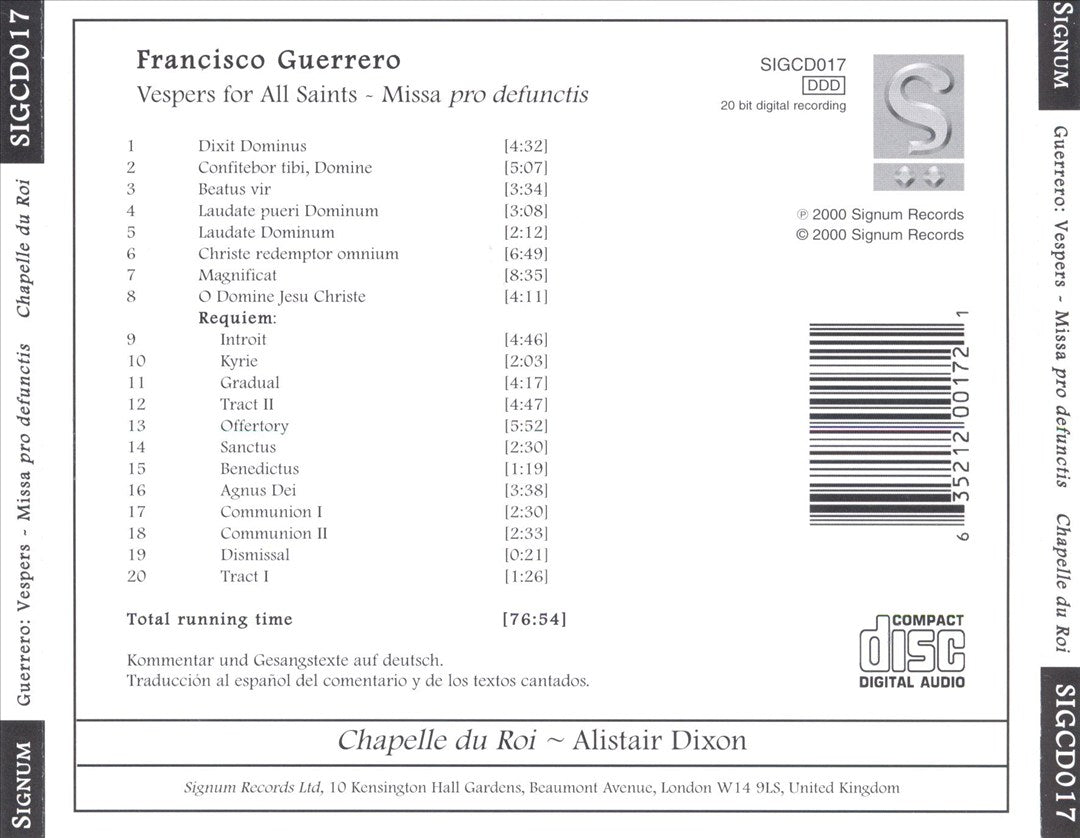 Francisco Guerrero: Vespers for All Saints; Missa por defunctis cover art