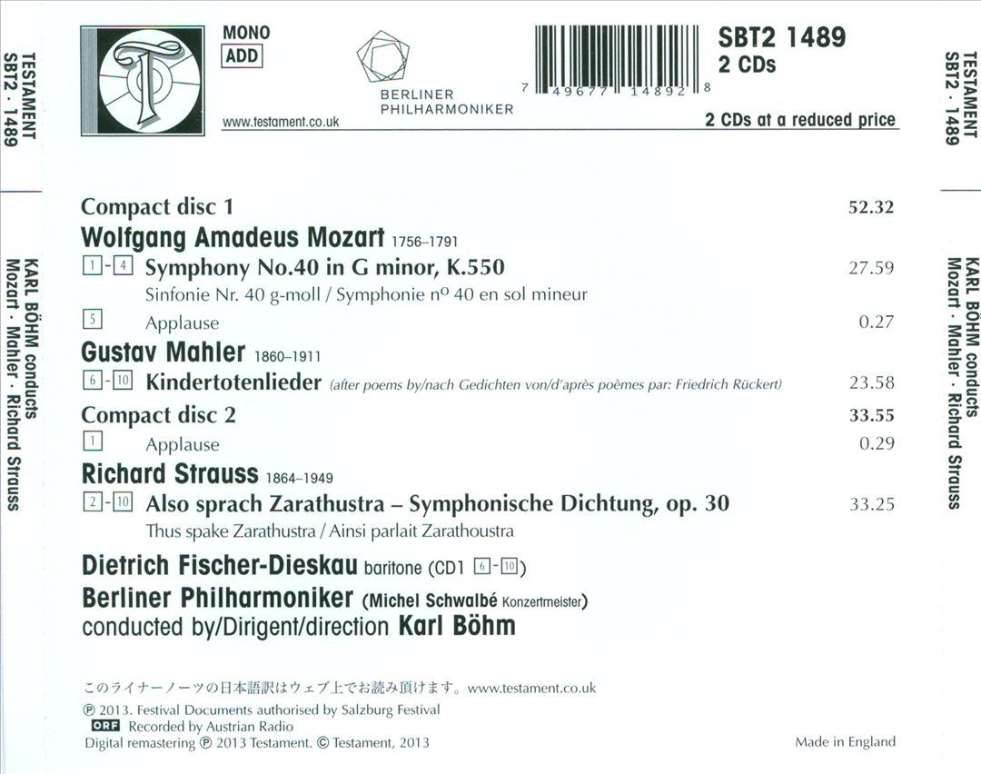 Mozart: Symphony No. 40; Mahler: Kindertotenlieder; R. Strauss: Also sprach Zarathustra cover art