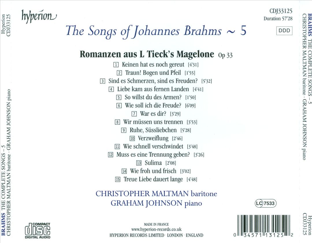 Songs of Brahms, Vol. 5 cover art