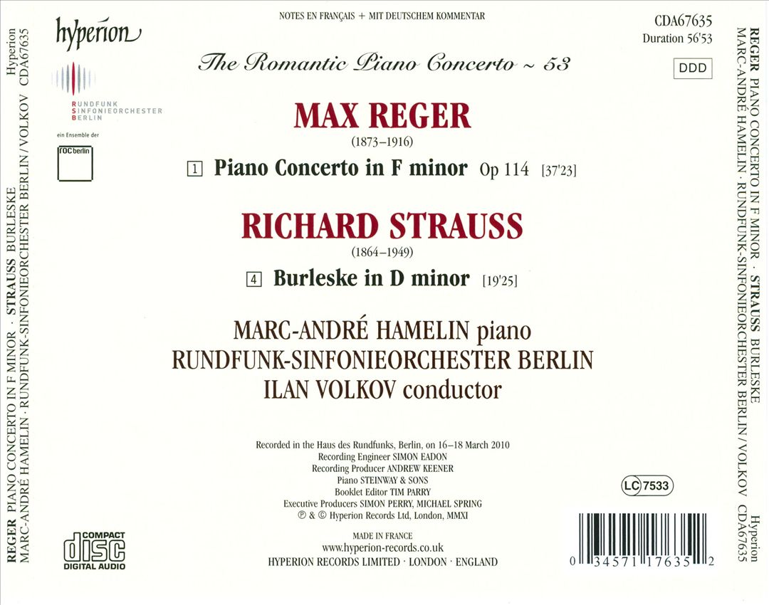 Reger: Piano Concerto in F minor, Op. 114; Strauss: Burleske cover art