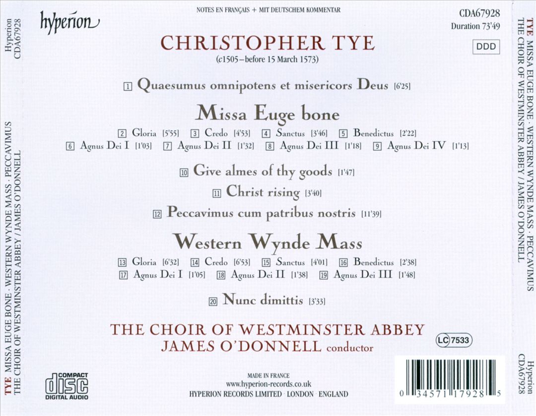 Christopher Tye: Missa Euge bone; Peccavimus; Western Wynde Mass cover art