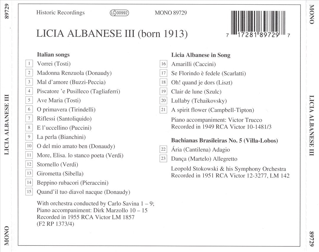 Lebendige Vergangenheit: Licia Albanese, Vol. 3 cover art