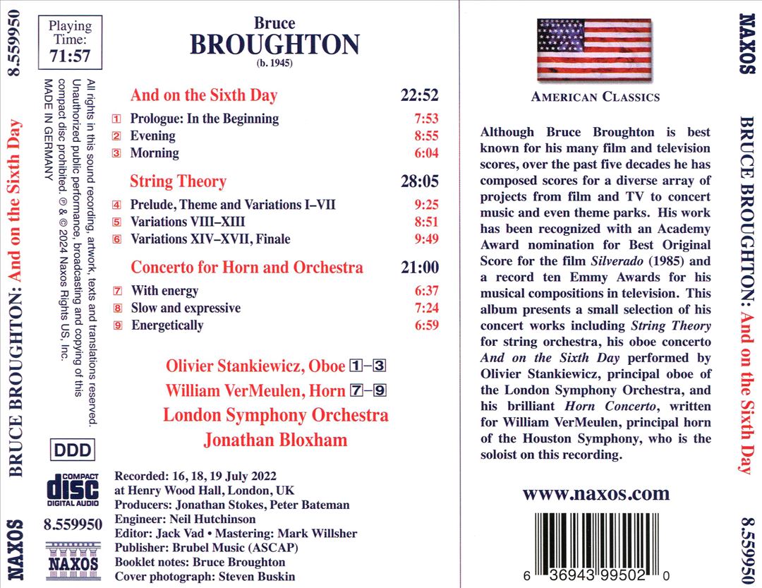 Bruce Broughton: And on the Sixth Day; String Theory; Concerto for Horn and Orchestra cover art