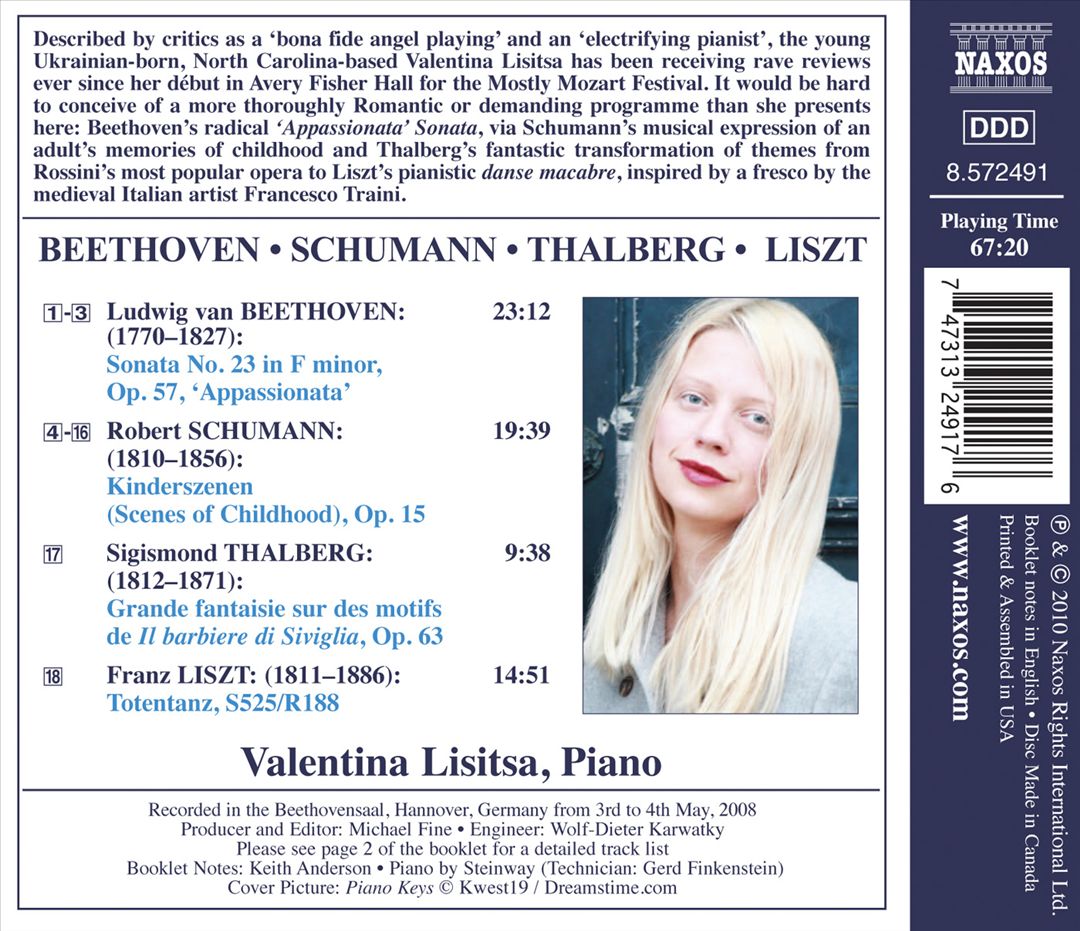 Beethoven: Sonata No. 23 "Appassionata"; Schumann: Kinderszenen; Thalberg: Grande fantaisie sur des motifs de Il barbiere di Siviglia; Liszt: Totentanz cover art