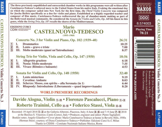 Castelnuovo-Tedesco: Violin Concerto No. 3; String Trio; Sonata for Violin and Cello cover art