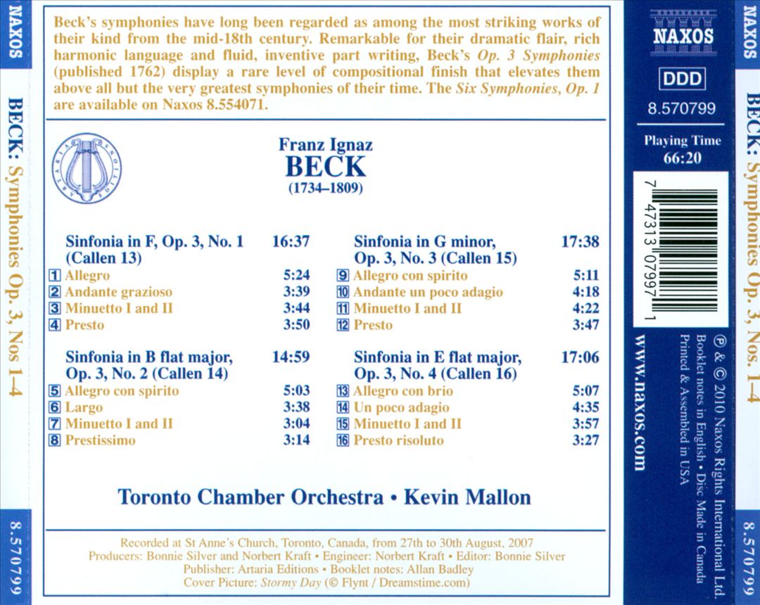 Franz Ignaz Beck: Symphonies Op. 3, Nos. 1-4 cover art