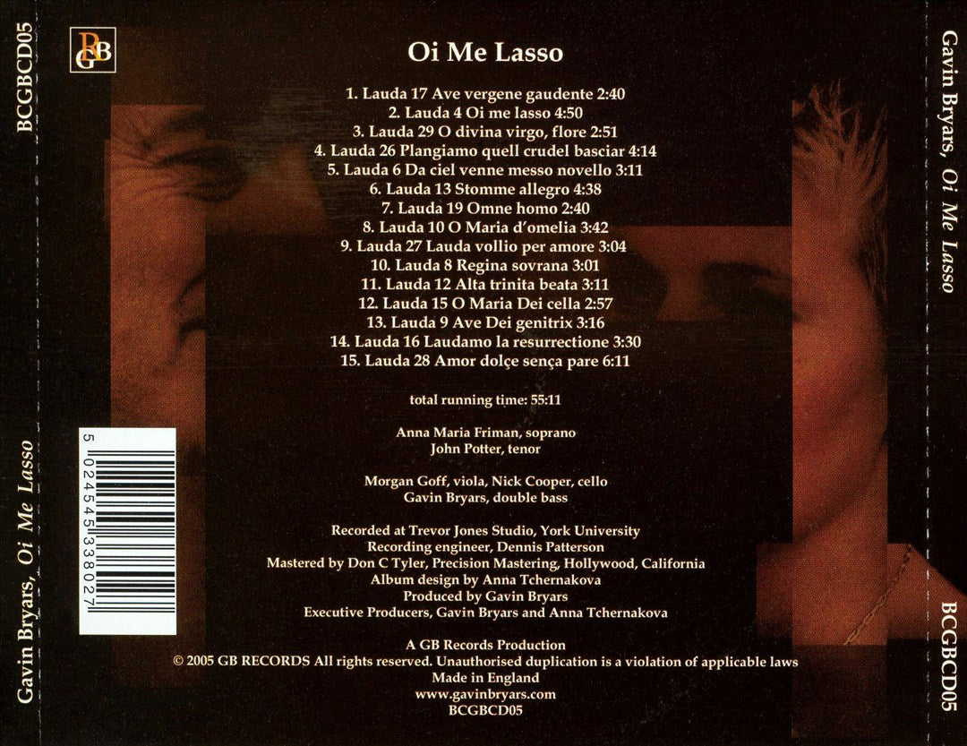 Gavin Bryars: Oi Me Lasso cover art
