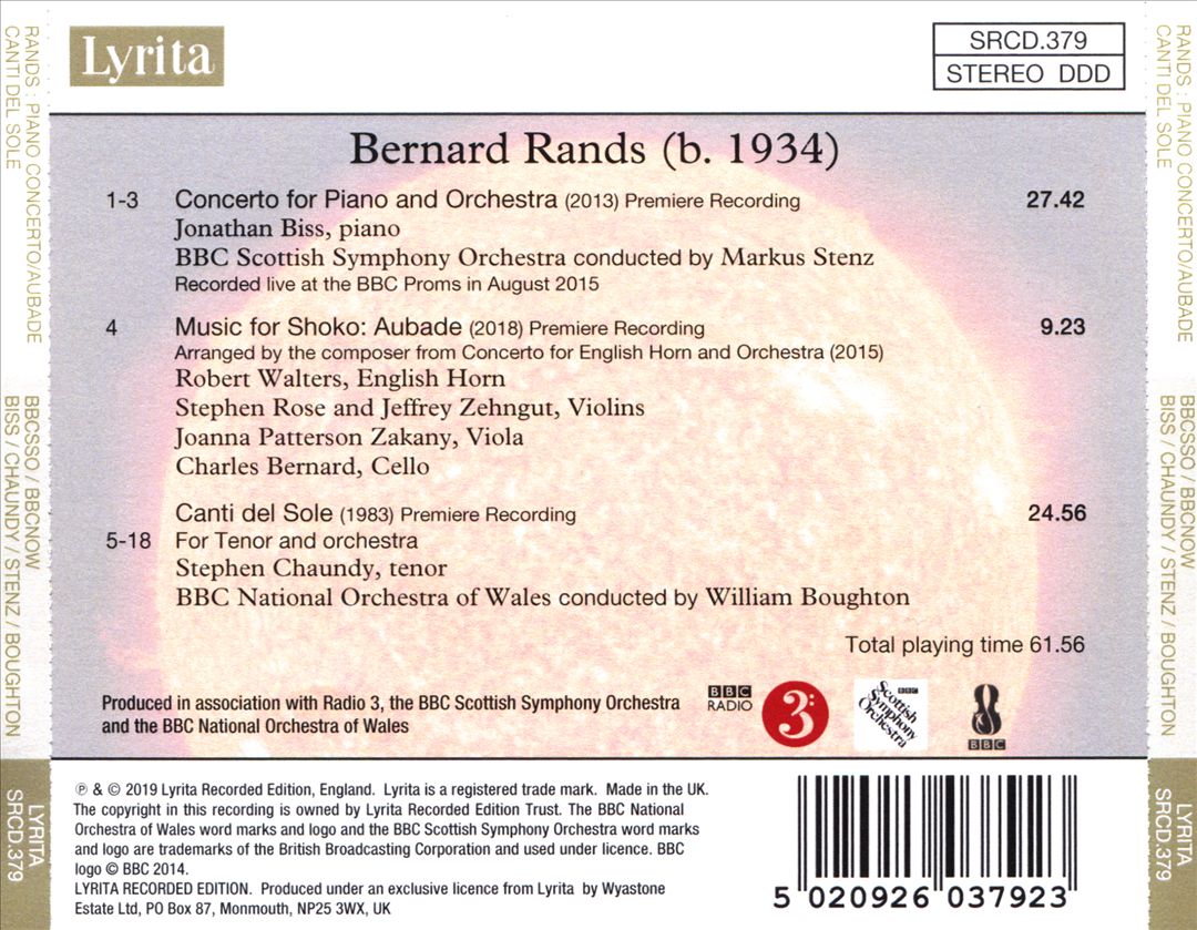 Bernard Rands: Concerto for Piano & Orchestra; Music for Shoko; Canti del Sole cover art