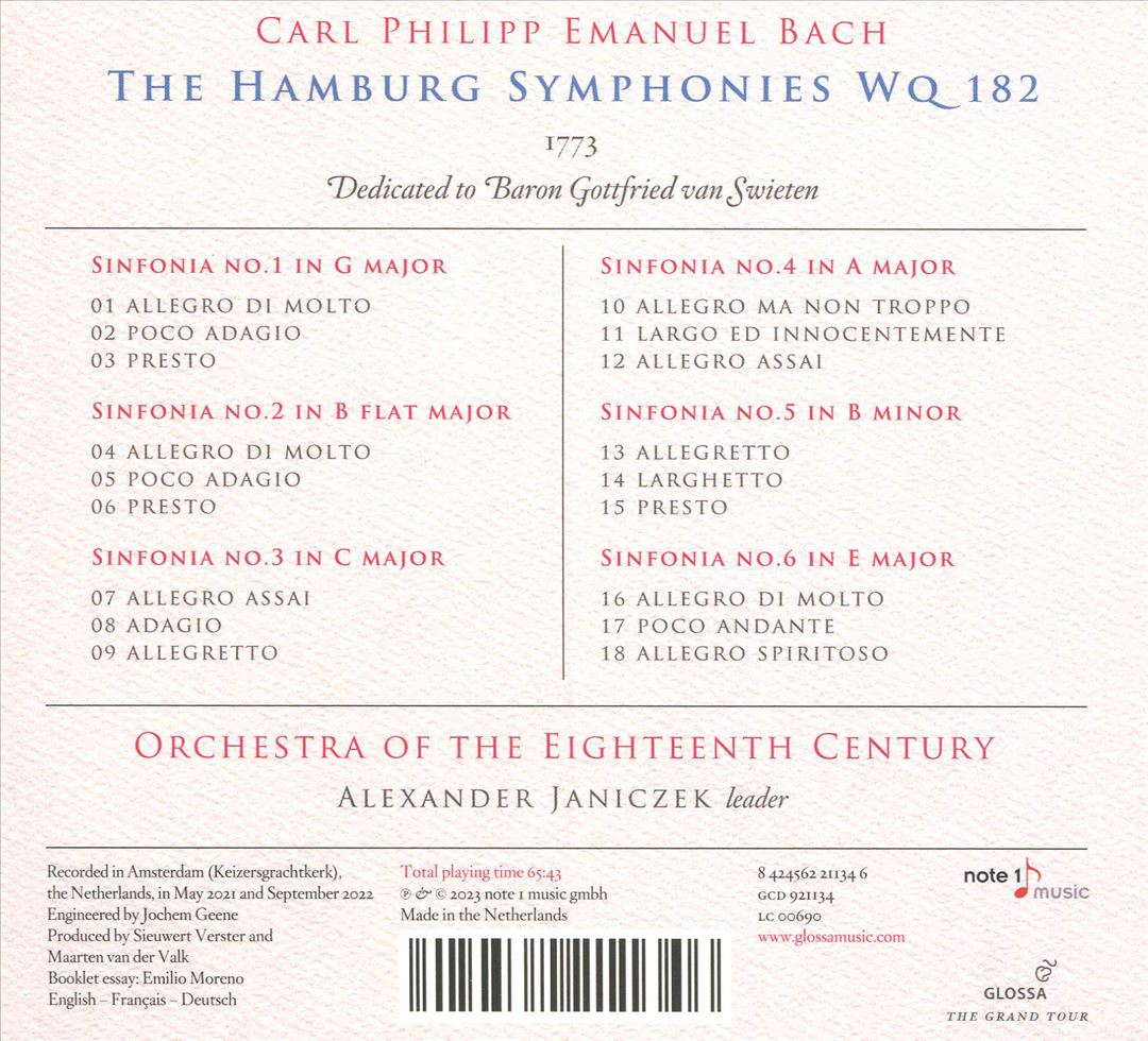 Carl Philipp Emanuel Bach: The Hamburg Symphonies Wq 182 cover art