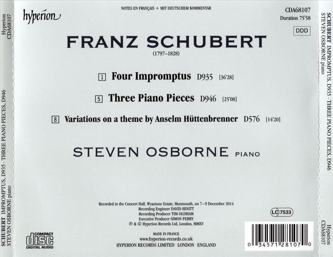 Schubert: Impromptus, D935; Piano Pieces, D946; Hüttenbrenner Variations, D576 cover art