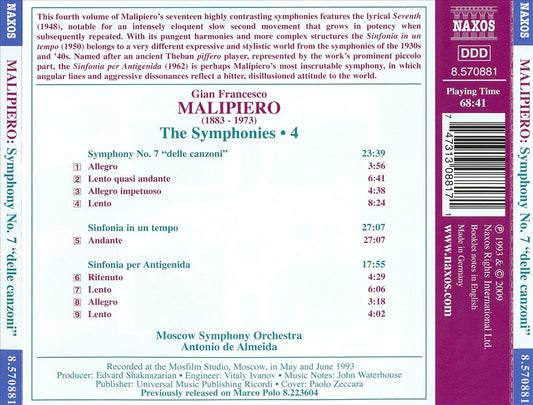 Gian Francesco Malipiero: Symphony No. 7 'Delle Canzoni'; Sinfonia in un tempo; Sinfonia per Antigenida cover art